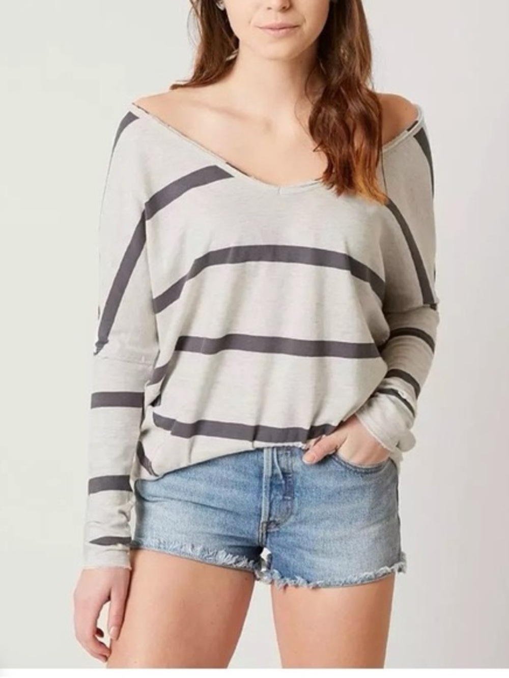 Striped Off-Shoulder Long Sleeve Top in Ivory and Dark Gray